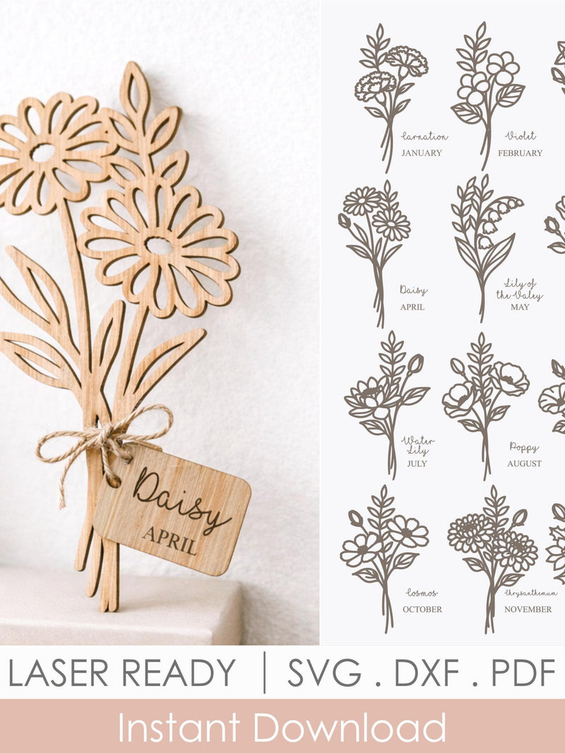 Birth Flower SVG Bundle, Month Flowers with Name Tags, Personalized Floral Laser Cut File Glowforge Cricut Templates birthday flower