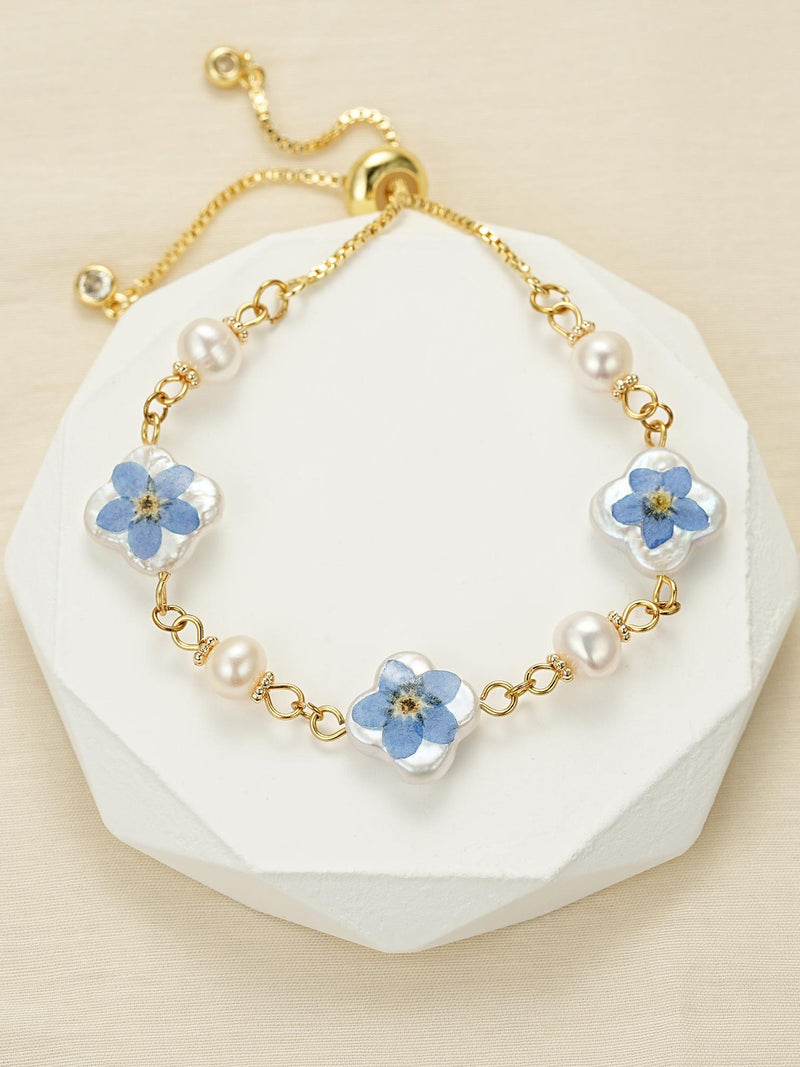 Baroque Pearl Forget Me Not Flower Bracelet, Freshwater Pearl Bracelet, Pressed Flower Jewelry for Mom, MotherÕs Day Gift, Gift for Her ANNIVERSARY
