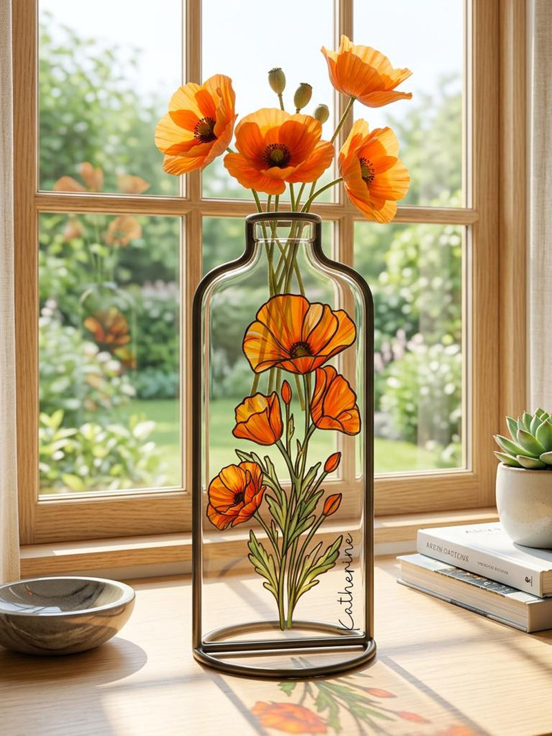 August Birth Flower Poppy Vase | Personalized Stained Glass Gift | Custom Text Birthday Decor | Mother's Day gift birthday flower