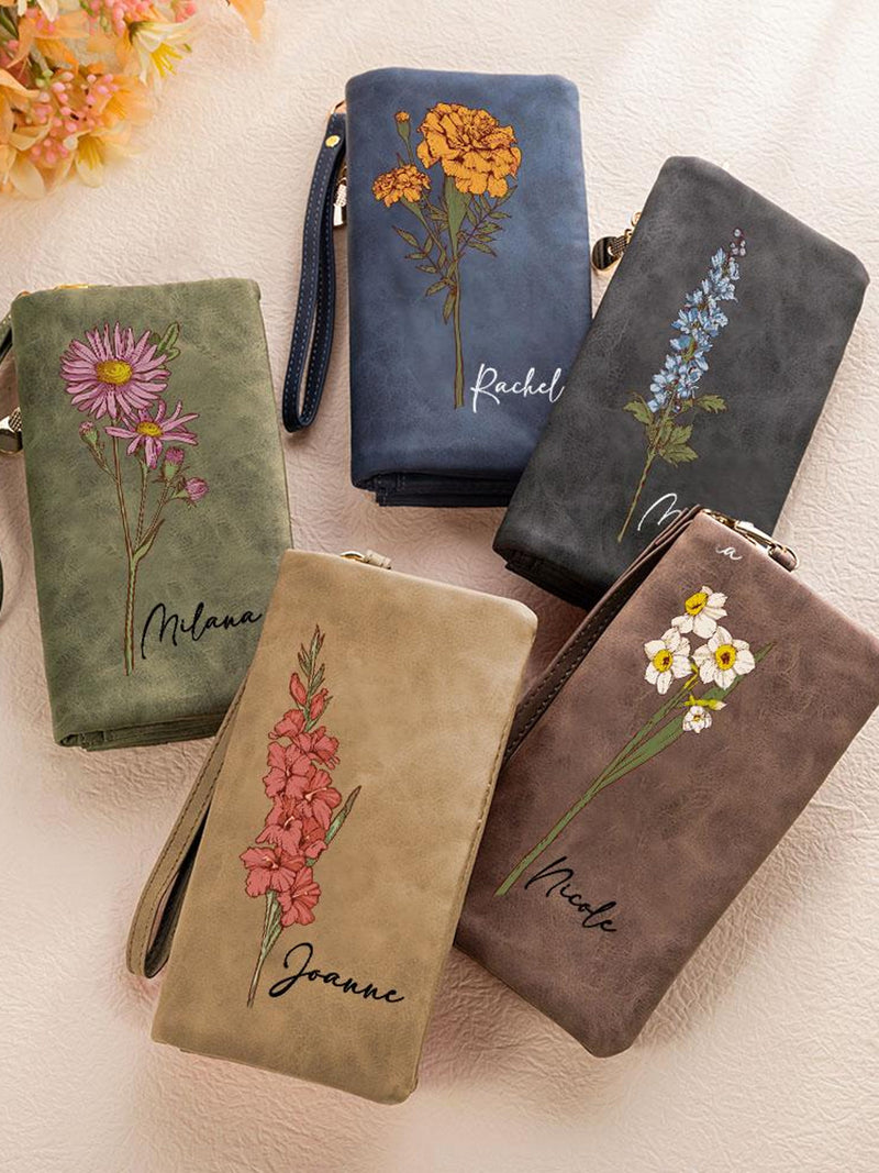 Personalized Name Birth Flower Wallet | Watercolor Flower Leather Card Holder with Wrist Strap | Mother's Day Gift for Mom, Grandma, Wife birthday flower