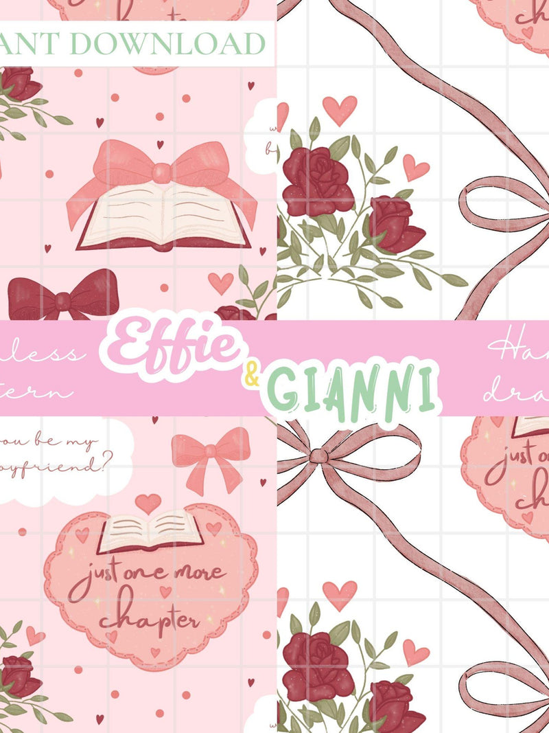 Bookish Romance Seamless Pattern Bundle | Just One More Chapter Digital Paper | Coquette Bow & Rose Floral Print | Commercial Use Love Romance Flower
