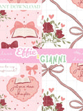 Bookish Romance Seamless Pattern Bundle | Just One More Chapter Digital Paper | Coquette Bow & Rose Floral Print | Commercial Use Love Romance Flower
