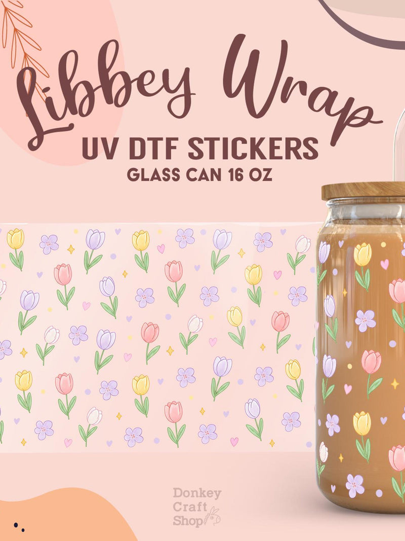 Pastel tulip floral UV DTF glass can wrap for 16 oz cups, with small hearts