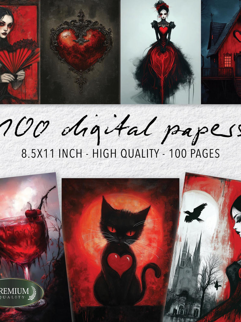 100 Gothic Love Digital Paper, Dark Romance Junk Journal Pages, Crimson Heart Scrapbook Backgrounds, Gothic Aesthetic Kit 8.5x11 Love Romance Flower
