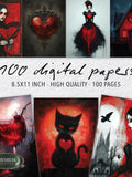 100 Gothic Love Digital Paper, Dark Romance Junk Journal Pages, Crimson Heart Scrapbook Backgrounds, Gothic Aesthetic Kit 8.5x11 Love Romance Flower