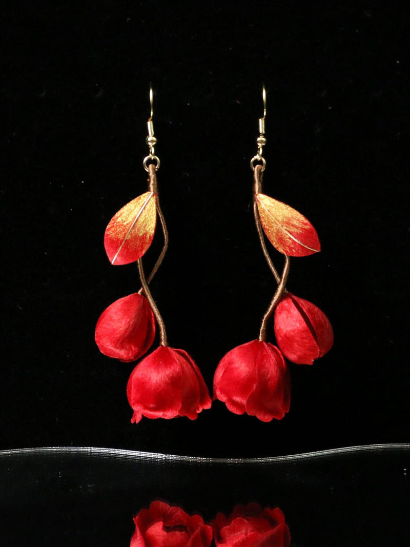 Red Rose Flower Earrings, Silk Velvet Floral Drop Earrings, Romantic Statement Jewelry, Handmade Bridal Earring, Gift for Her silk flower
