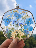 Pressed Forget-Me-Not Flower Art in Stained Glass Frame ANNIVERSARY