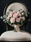 Soft Pink Rose Artificial Bridal Bouquet, Faux Greenery Wedding Flowers, Silk Bridesmaid Bouquet wedding flower