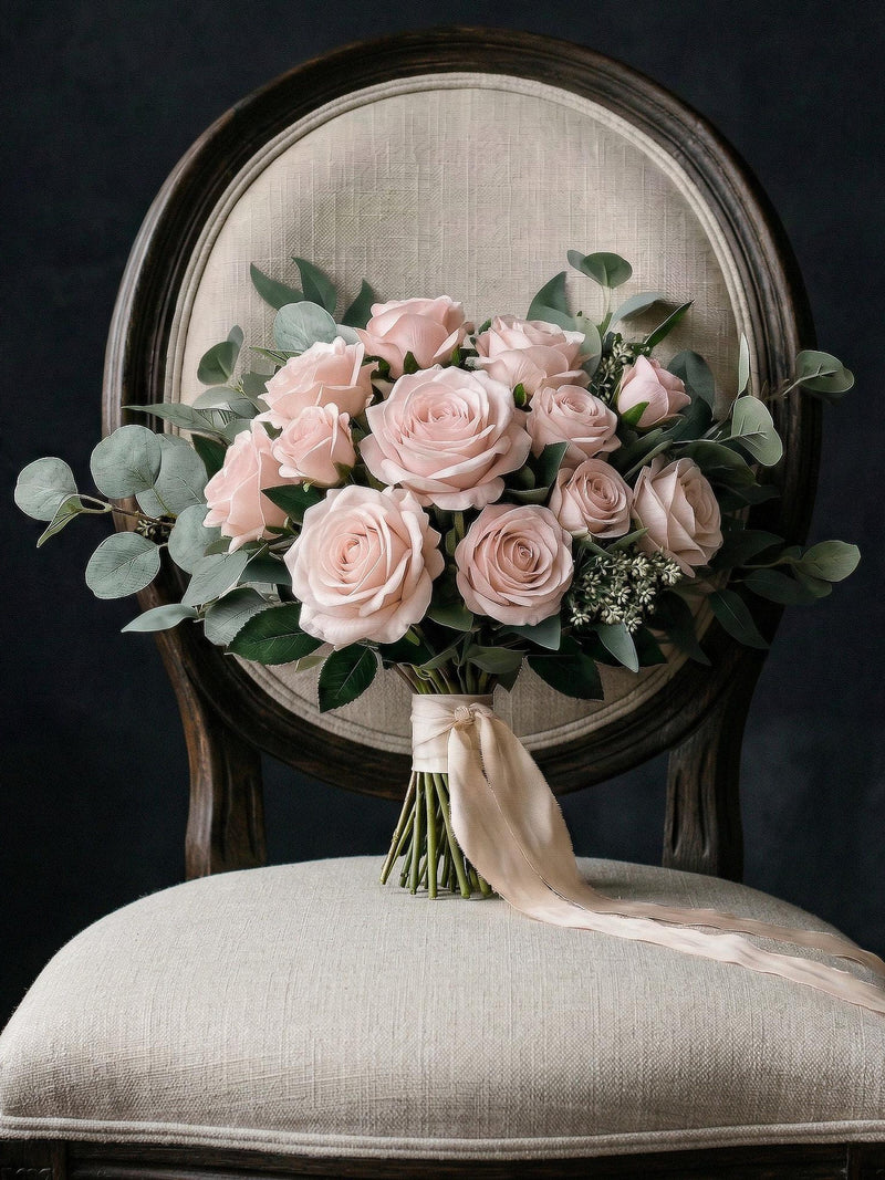 Soft Pink Rose Artificial Bridal Bouquet, Faux Greenery Wedding Flowers, Silk Bridesmaid Bouquet Bouquet