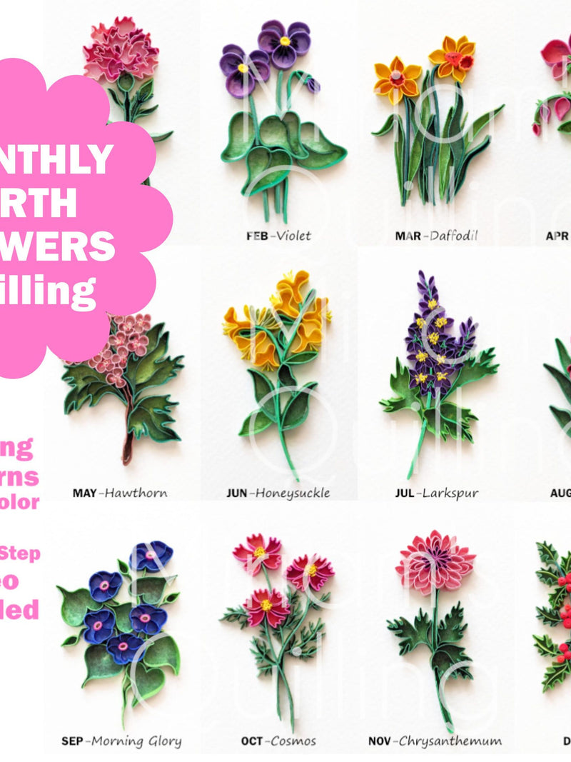 Digital Downloads Birth Flowers Paper Quilling DIY - Pattern, Template, Supplies, Birthday Gift birthday flower