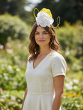 Yellow silk abaca fascinator with white flowers and yellow quills on brown headband. silk flower