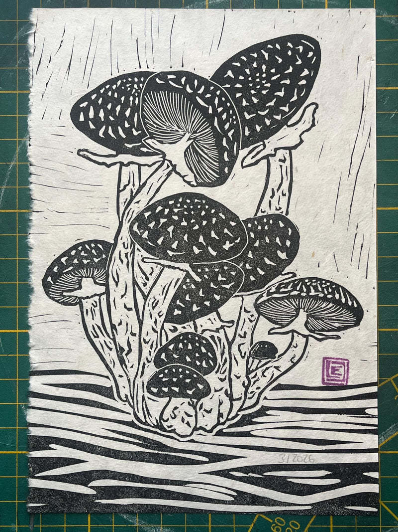 Mushrooms | A5 linocut on handmade paper | Mystical | Forest romance | Funghi | Organic | Timeless | Cozy Love Romance Flower