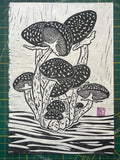 Mushrooms | A5 linocut on handmade paper | Mystical | Forest romance | Funghi | Organic | Timeless | Cozy Love Romance Flower