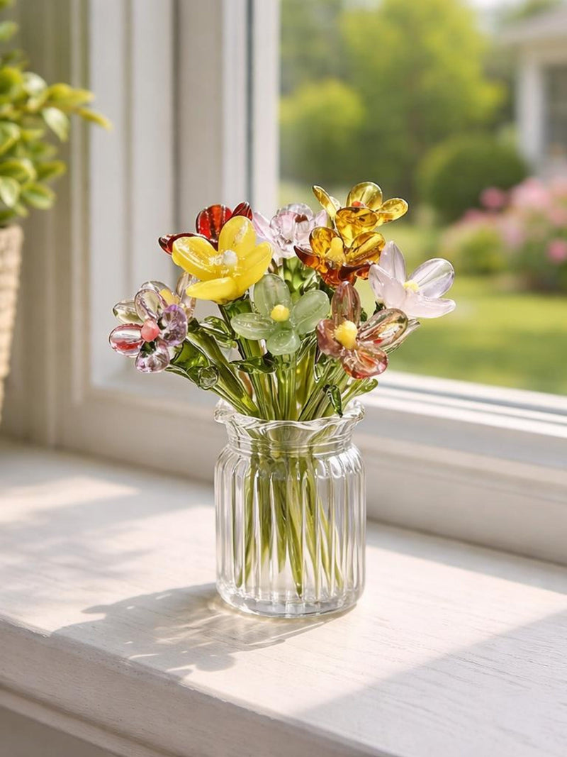 Mini Glass Flower Bouquet in Tiny Vase, Handmade Glass Flowers,  Fairy Garden Miniature, ANNIVERSARY