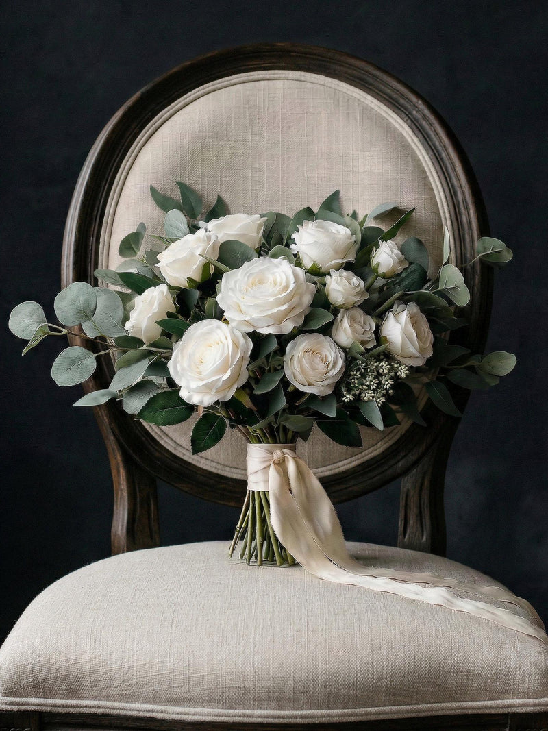White Silk Rose Artificial Wedding Bouquet, Greenery Bridal Bridesmaid Flowers Bouquet
