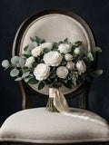 White Silk Rose Artificial Wedding Bouquet, Greenery Bridal Bridesmaid Flowers Bouquet
