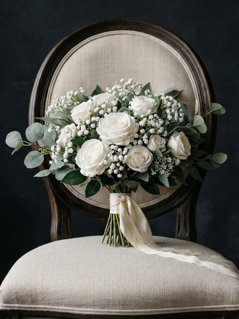 White Rose Bridal Bouquet, Artificial Greenery Wedding Flowers, Bridesmaid Bouquet Bouquet