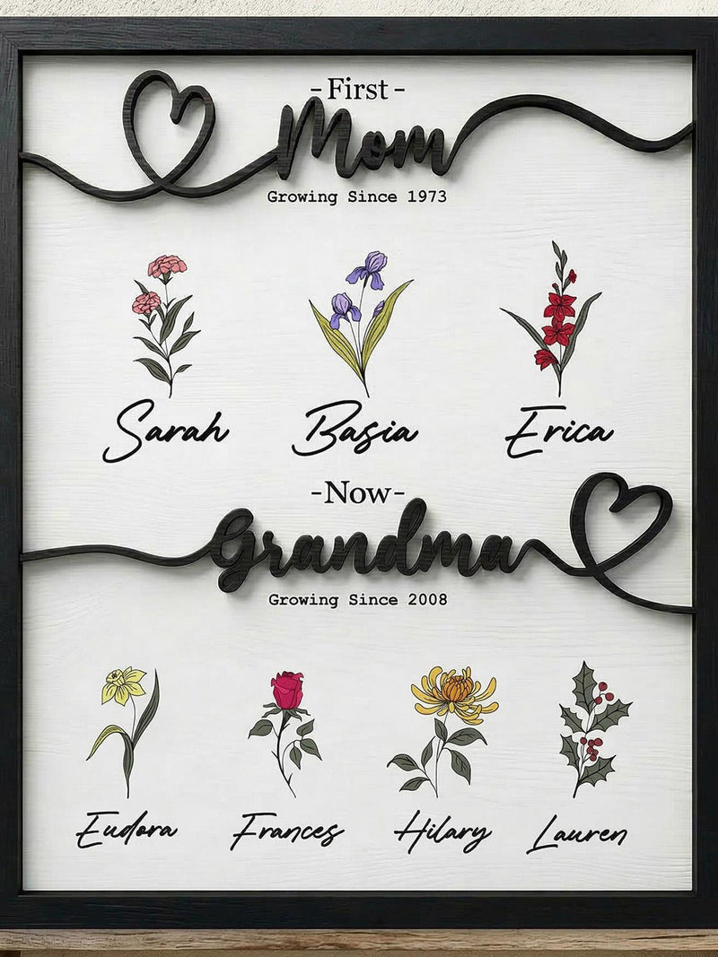 Custom GrandmaÕs Garden Birth Month Flower Sign, Personalized Wooden Plaque with Kids Names, First Mom Now Grandma MotherÕs Day Gift birthday flower
