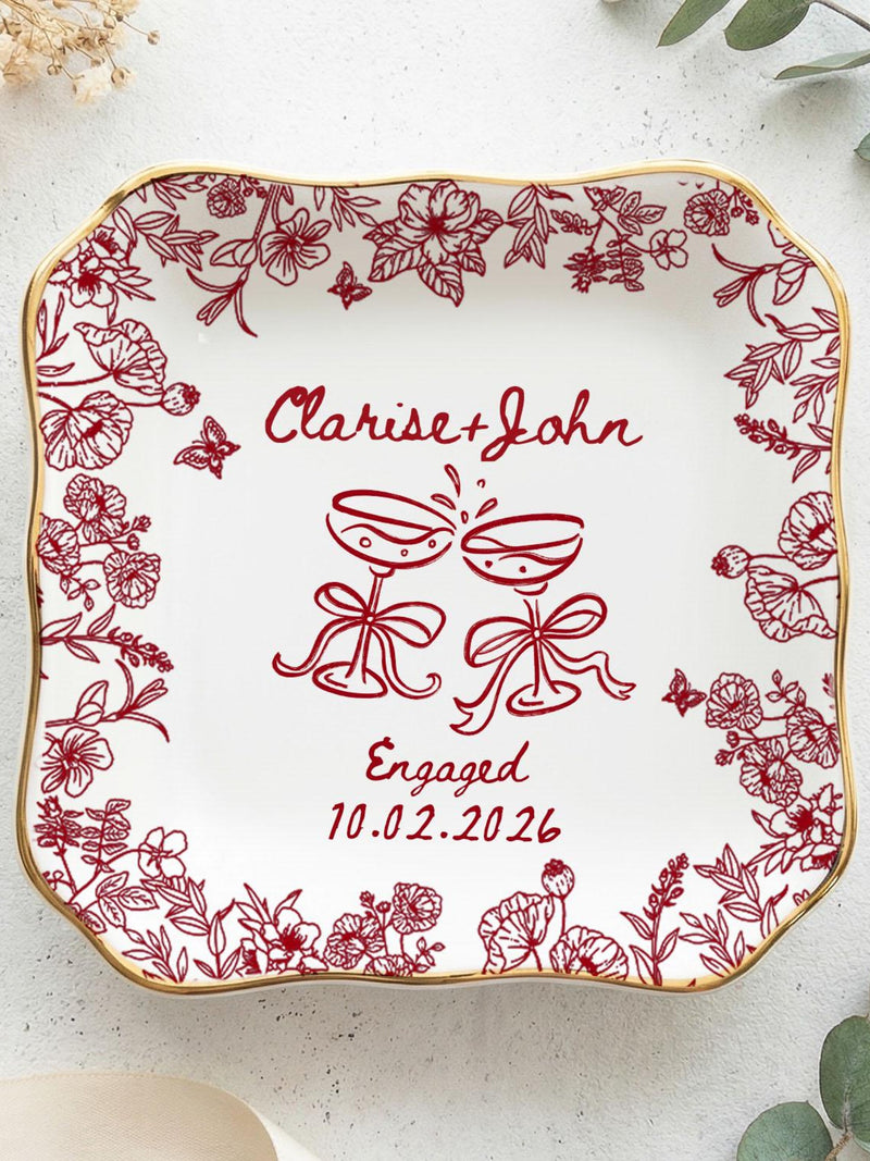 Personalized Engagement Ring Dish, Custom Couple Name Trinket Dish, Floral Wedding Ring Holder, Bridal Shower Gift, Keepsake Plate ANNIVERSARY