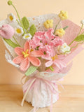 Hand-Crocheted Pastel Flower Bouquet, Pink Purple Yellow Floral Arrangement keepsake Bouquet