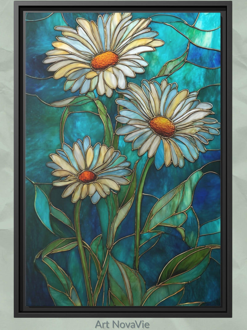 Daisy Flowers Stained Glass Art Deco Tiffany Style Vertical Wall Art Print house warming flower