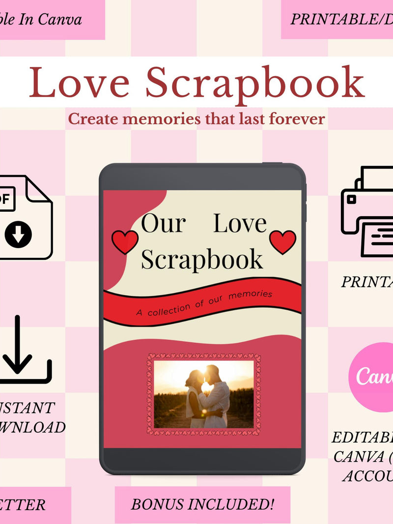 Love Scrapbook Printable | Editable Canva Template | Romantic Couple Memory Book | Digital Download | Anniversary Gift Love Romance Flower