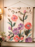 Large Botanical Fiber Art - White Silk Wool Tapestry - Handmade Dry Felted Wall Hanging - Luxury Pastel Textile Art - Romantic Bedroom Decor silk flower