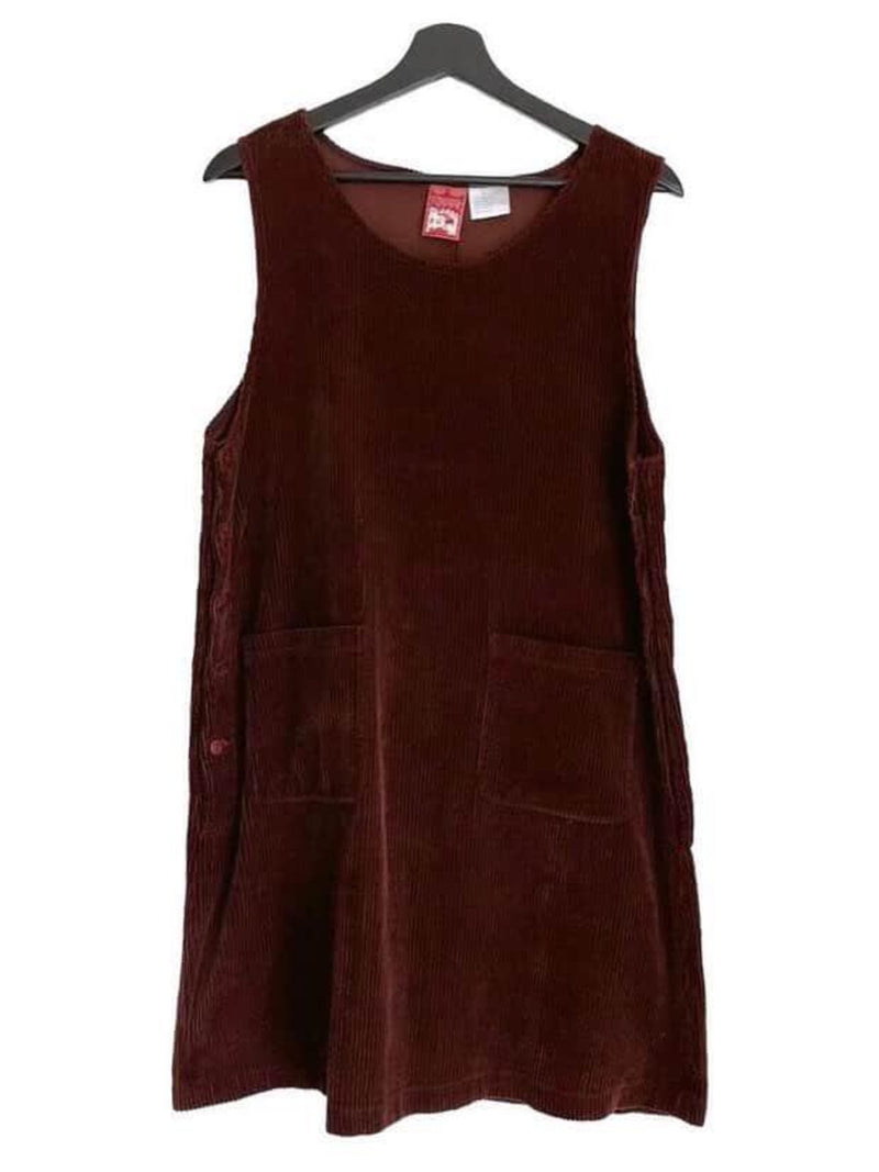 1990s April Cornell Corduroy Pinafore Dress Brown Cottagecore Jumper Overall Prairie Button Side Vintage 90s Y2K 00s Size Large flower spore