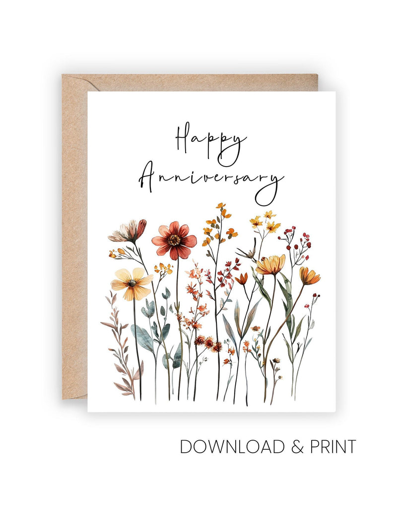 Printable Happy Wedding Anniversary Card with autumn flowers (Sizes 5x7 & A2, Digital Download) ANNIVERSARY