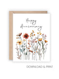 Printable Happy Wedding Anniversary Card with autumn flowers (Sizes 5x7 & A2, Digital Download) ANNIVERSARY