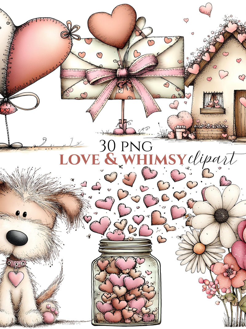 Whimsical Valentine Clipart Bundle, Cottagecore Graphics, Hearts, Flowers, Dog (30 PNG) (Digital Download) Love Romance Flower