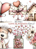 Whimsical Valentine Clipart Bundle, Cottagecore Graphics, Hearts, Flowers, Dog (30 PNG) (Digital Download) Love Romance Flower