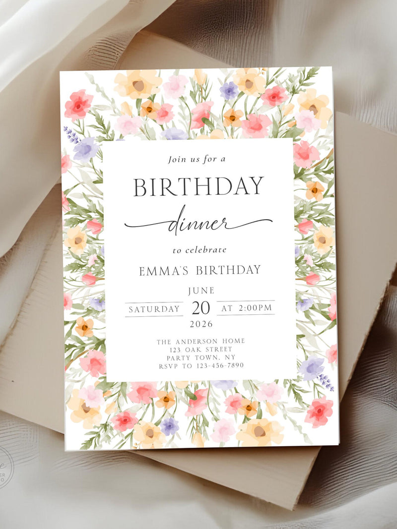 Floral Birthday Dinner Invitation, Editable Watercolor Flowers Party Invite (Digital Download) birthday flower