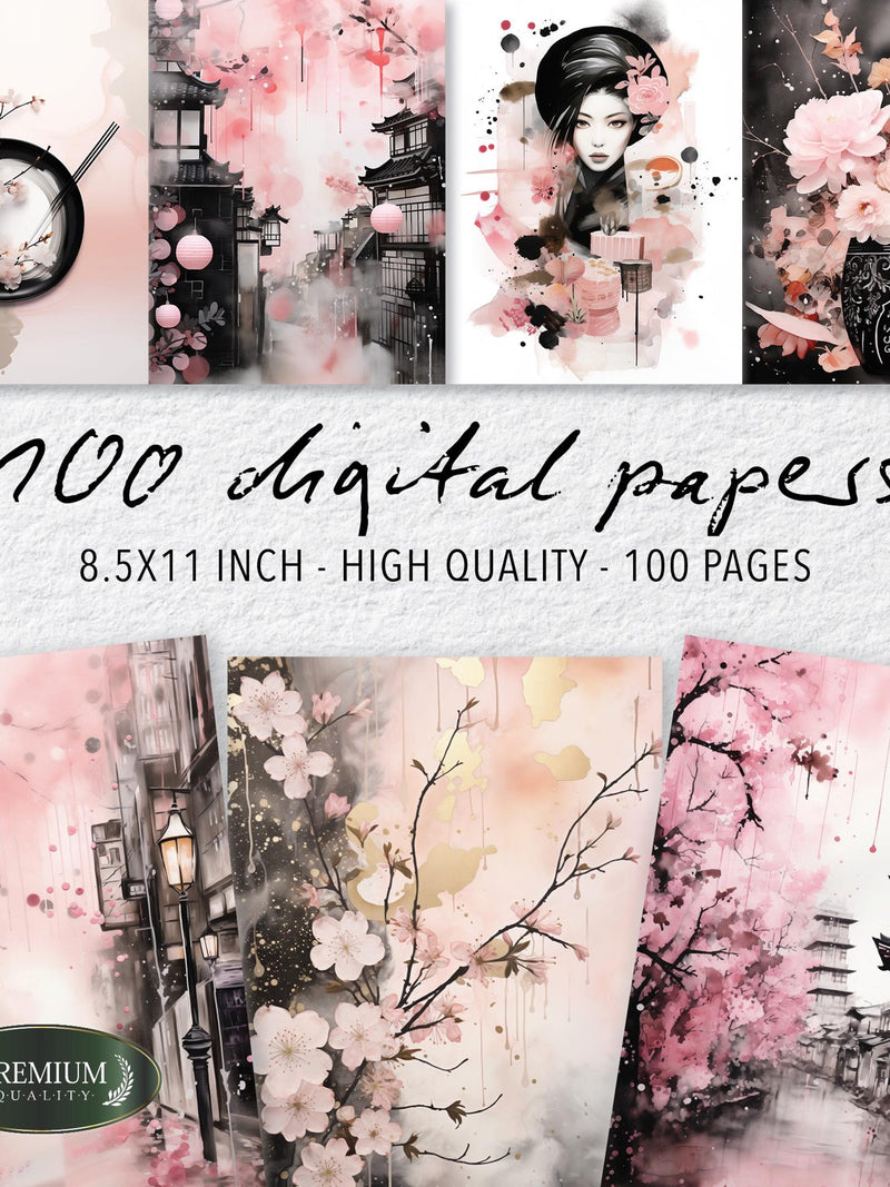 100 Sakura Romance Digital Paper, Eastern Aesthetic Junk Journal Pages, Soft Pink Scrapbook Backgrounds, Whimsical Floral Kit 8.5x11 Love Romance Flower