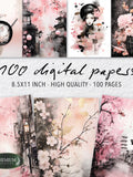 100 Sakura Romance Digital Paper, Eastern Aesthetic Junk Journal Pages, Soft Pink Scrapbook Backgrounds, Whimsical Floral Kit 8.5x11 Love Romance Flower
