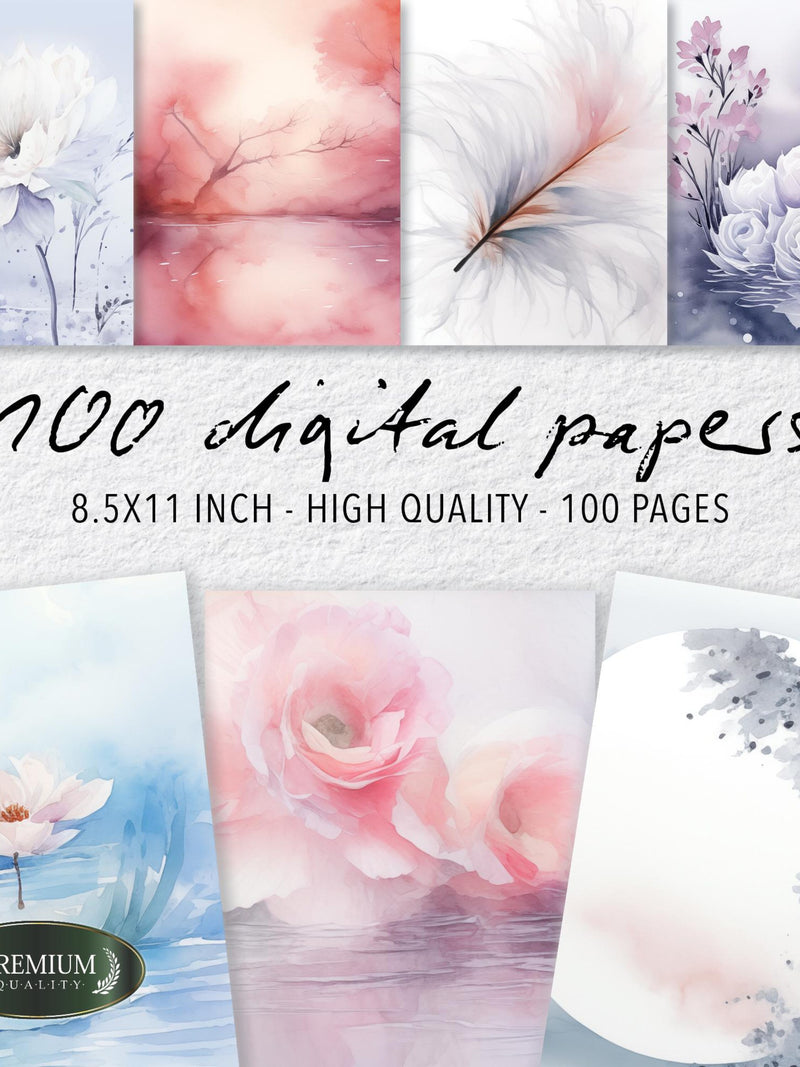 100 Ethereal Watercolor Digital Paper, Soft Romance Junk Journal Pages, Delicate Floral Scrapbook Backgrounds, Dreamy Pastel Kit 8.5x11 Love Romance Flower