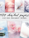100 Ethereal Watercolor Digital Paper, Soft Romance Junk Journal Pages, Delicate Floral Scrapbook Backgrounds, Dreamy Pastel Kit 8.5x11 Love Romance Flower