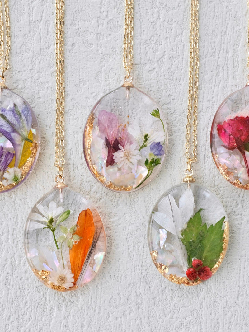 Personalized Family Birth Flower Bouquet Necklace, Pressed Flower Pendant Necklace, Real Flowers Necklace Gift For Mom, Jewelry Family Gift birthday flower