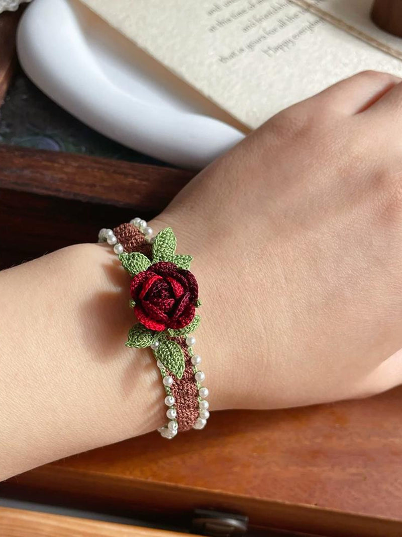 Micro Crochet Rose Bracelet with Pearls, Hand Crocheted Flower Bracelet, Adjustable Floral Jewelry, Handmade Gift for Her ANNIVERSARY