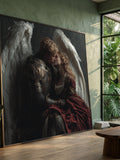 Romantic Angel Knight, Medieval Armor and Royal Dress Canvas, Fantasy Wall Art, Vintage Couple Portrait, Embrace Love Illustration, Home Love Romance Flower