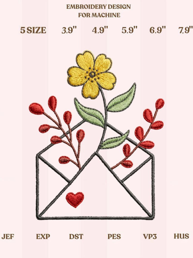 Love Letter Embroidery Design, Floral Envelope Machine Embroidery File, Romantic Flower Mail Digital Download, Valentine Embroidery Love Romance Flower