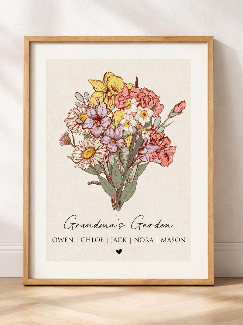 Custom Birth Flower Bouquet Print Wall Art, Personalized Mother's Day Gift for Grandma, Nana's Mom's Garden Antique Flower Digital Art birthday flower