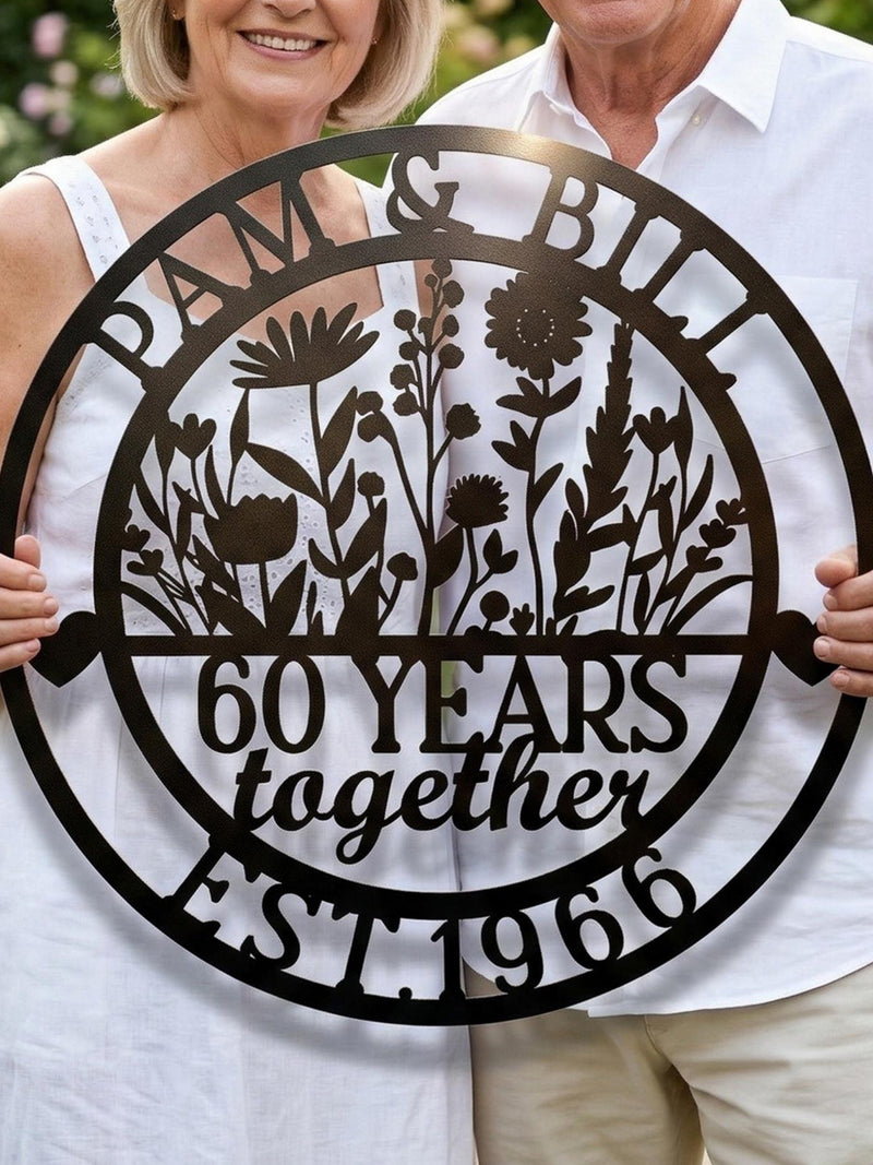 Personalized 60th Anniversary Metal Sign Spring Floral Outdoor Decor Custom Couple Name Gift 60 Years Married Mothers day Gift for her ANNIVERSARY