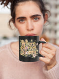 Where Stories Bloom Black Mug, Book Lover Gift, Present for Her Love Romance Flower
