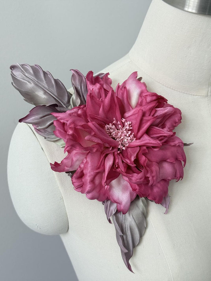 Handcrafted Fuchsia Silk Flower Brooch Ð Japanese Fabric Art Accessory, Couture Floral Pin silk flower