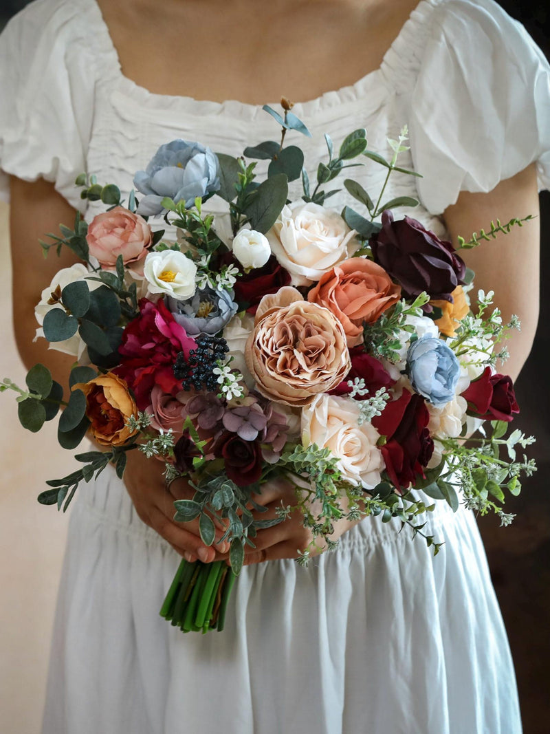 Burgundy & Blush Pink Silk Flower Bouquet, Artificial Neutral Bridal Blooms silk flower