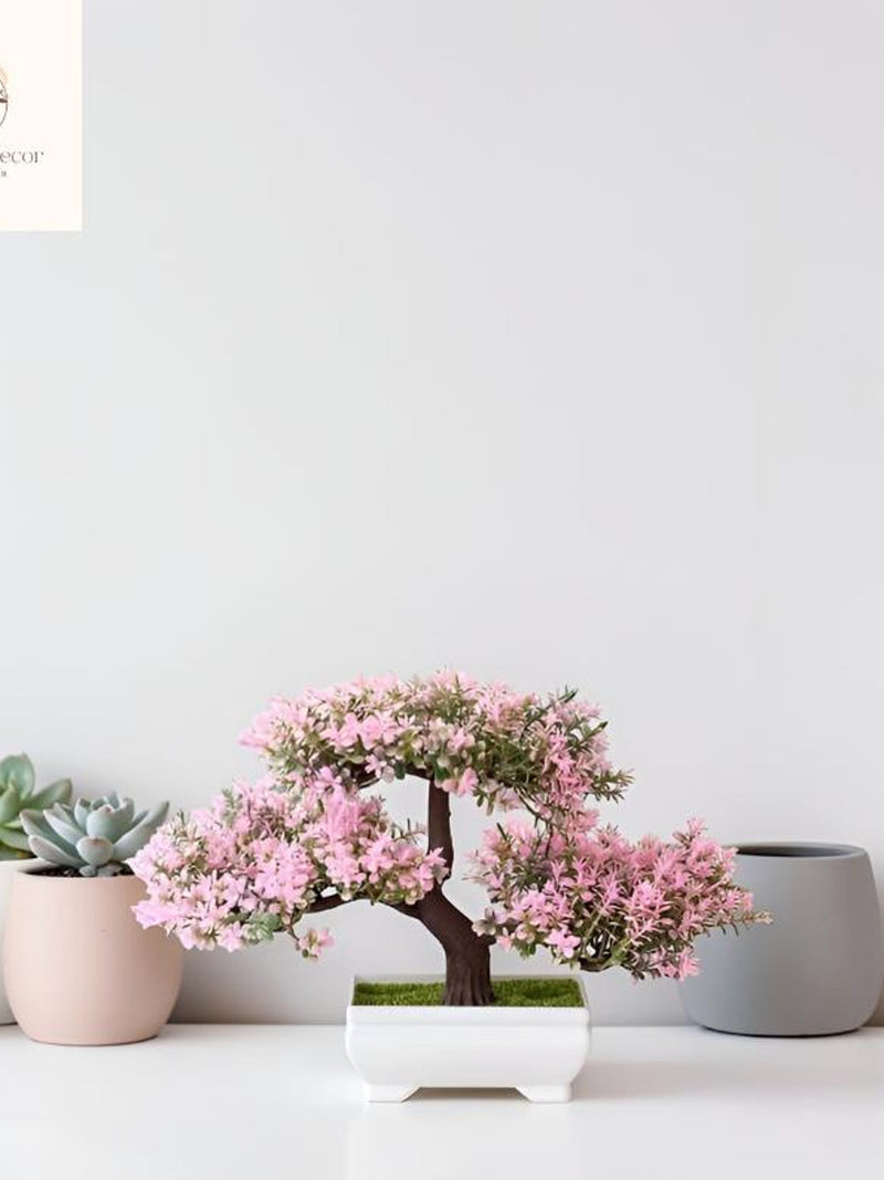 Artificial Bonsai Tree | Realistic Pink Blossoms | Plastic Potted Bonsai Tree Plant (25cmx18cm) | Realistic Tree faux plants