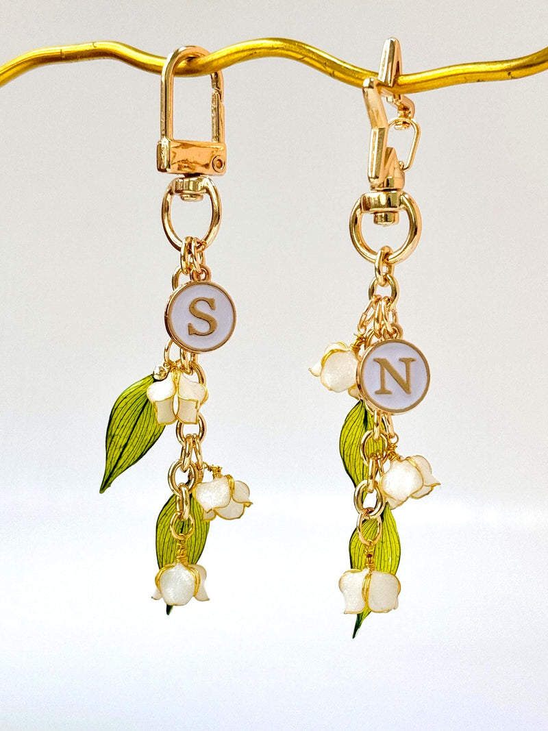 Personalized Lily of the Valley Bag Charm Keychain, Custom Initial Floral Key Holder, Purse Wallet Charm Gift for Her, birth flower keychain FLOWER DELIVERY