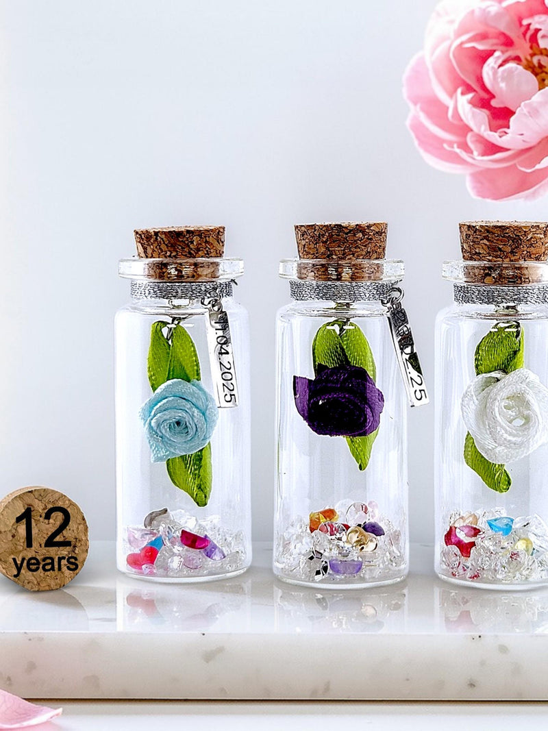 12th Silk Wedding Anniversary Flower in Miniature Bottle Gift, Personalised Keepsake, Card Alternsative HandMade ANNIVERSARY