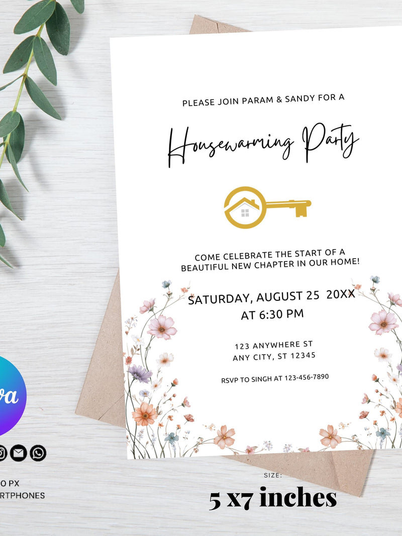 Editable Housewarming Invitation, Housewarming Party Invite, Modern Floral, Home Sweet Home, New Home Card, Printable Template house warming flower